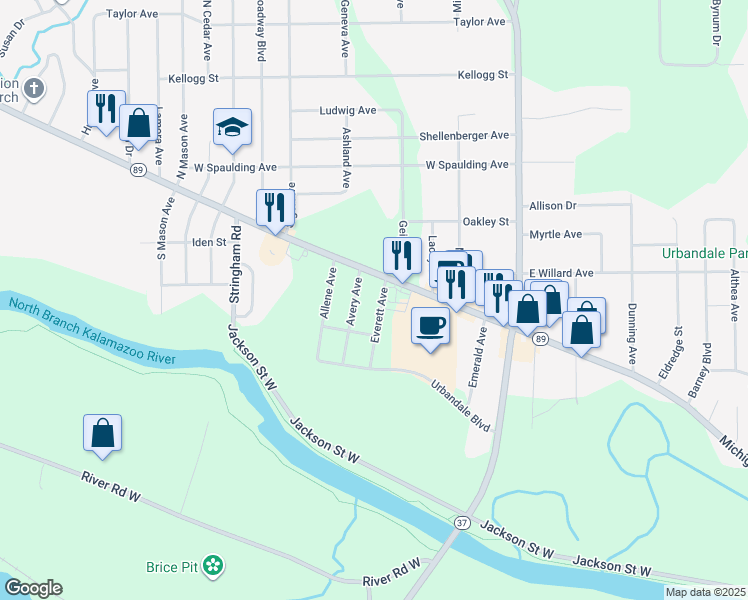map of restaurants, bars, coffee shops, grocery stores, and more near 28 Everett Avenue in Battle Creek