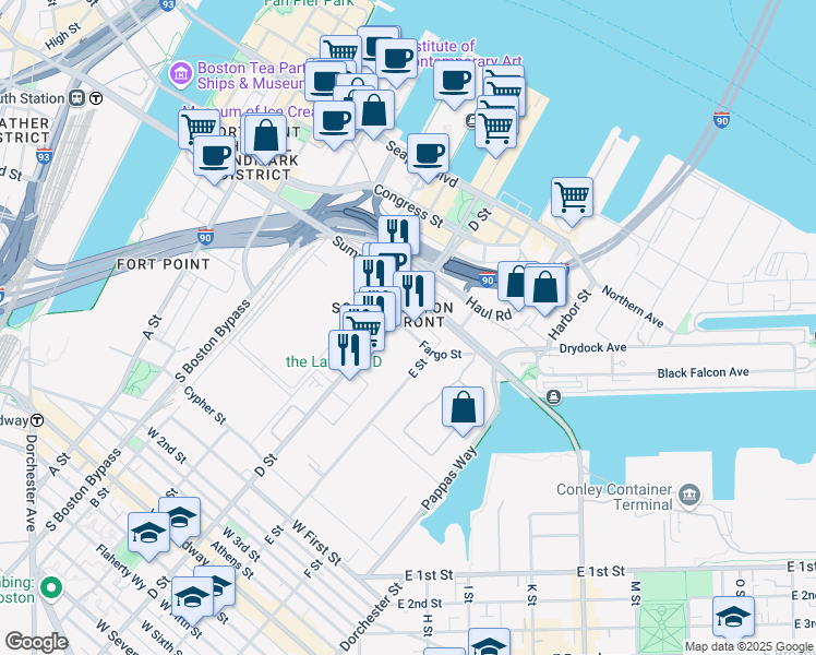 map of restaurants, bars, coffee shops, grocery stores, and more near 70 Fargo Street in Boston