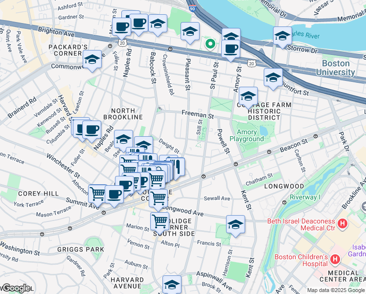map of restaurants, bars, coffee shops, grocery stores, and more near 15 Dwight Street in Brookline