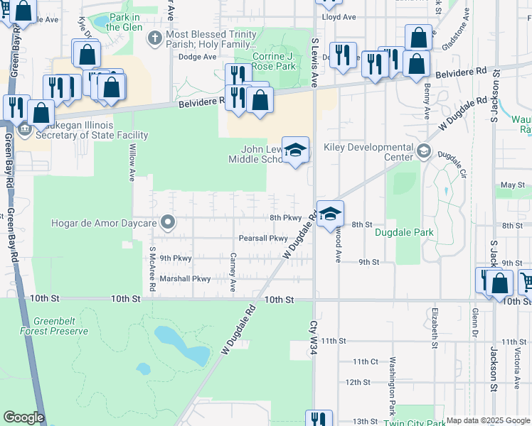 map of restaurants, bars, coffee shops, grocery stores, and more near 2110 8th Parkway in Waukegan