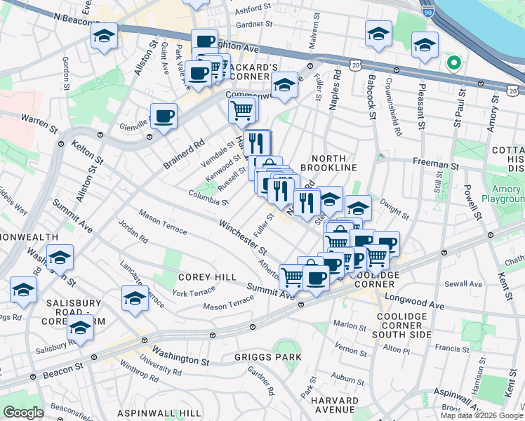 map of restaurants, bars, coffee shops, grocery stores, and more near 31 Coolidge Street in Brookline