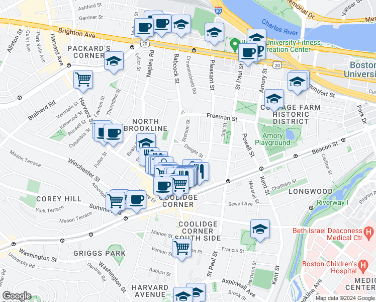 map of restaurants, bars, coffee shops, grocery stores, and more near 36 Dwight Street in Brookline