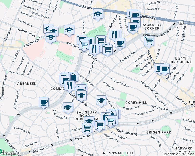 map of restaurants, bars, coffee shops, grocery stores, and more near 246 Corey Road in Boston