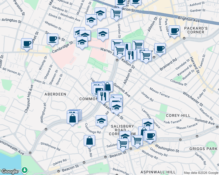 map of restaurants, bars, coffee shops, grocery stores, and more near Commonwealth Ave & Carol Ave in Boston