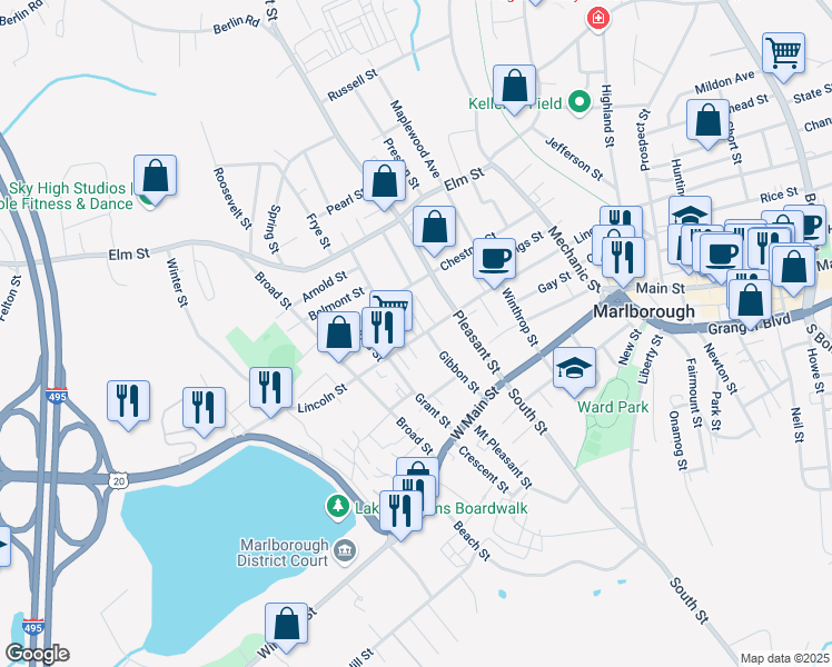 map of restaurants, bars, coffee shops, grocery stores, and more near 475 Lincoln Street in Marlborough
