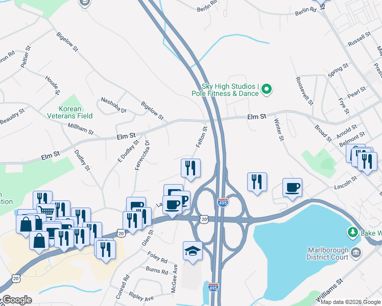 map of restaurants, bars, coffee shops, grocery stores, and more near 120 Felton Street in Marlborough