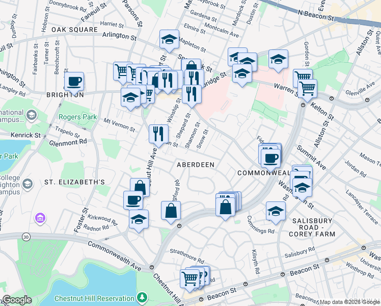 map of restaurants, bars, coffee shops, grocery stores, and more near in Boston