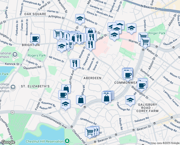 map of restaurants, bars, coffee shops, grocery stores, and more near in Boston