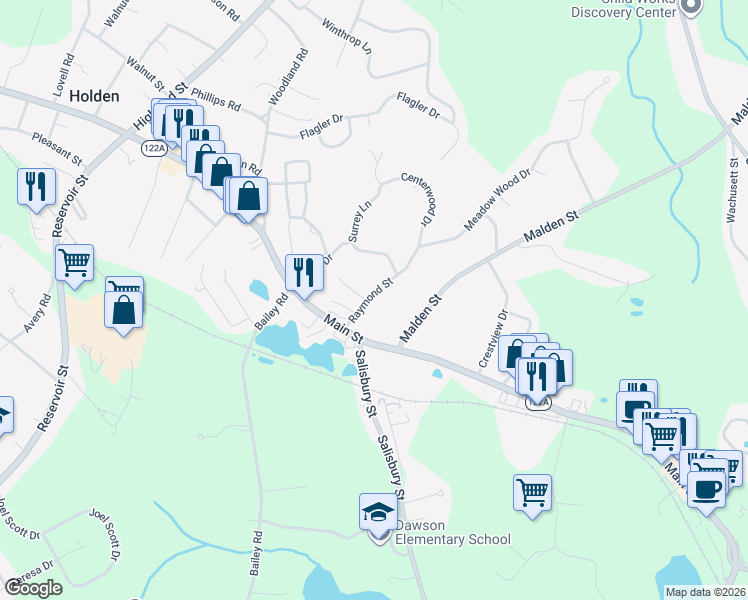 map of restaurants, bars, coffee shops, grocery stores, and more near 31 Raymond Street in Holden