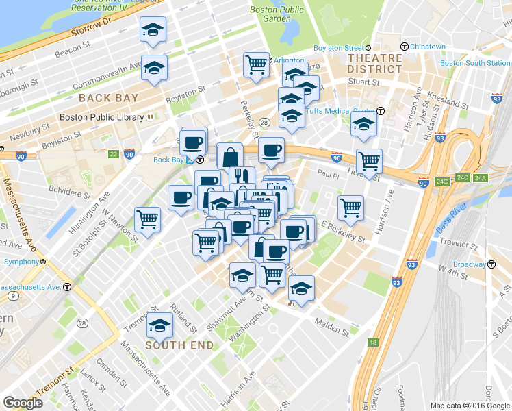 map of restaurants, bars, coffee shops, grocery stores, and more near 34 Warren Avenue in Boston