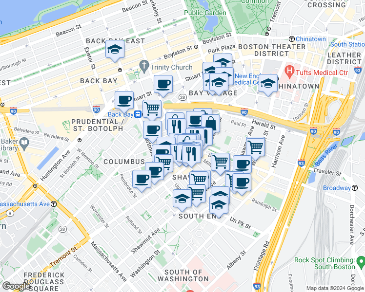 map of restaurants, bars, coffee shops, grocery stores, and more near 34 Warren Avenue in Boston