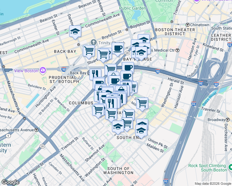 map of restaurants, bars, coffee shops, grocery stores, and more near 77 Warren Avenue in Boston