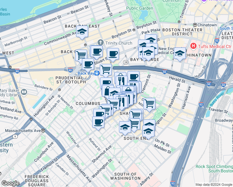 map of restaurants, bars, coffee shops, grocery stores, and more near in Boston