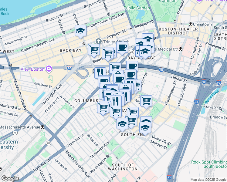 map of restaurants, bars, coffee shops, grocery stores, and more near 77 Warren Avenue in Boston