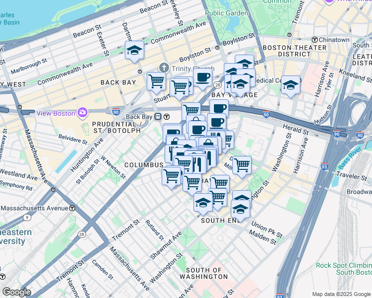 map of restaurants, bars, coffee shops, grocery stores, and more near 77 Warren Avenue in Boston