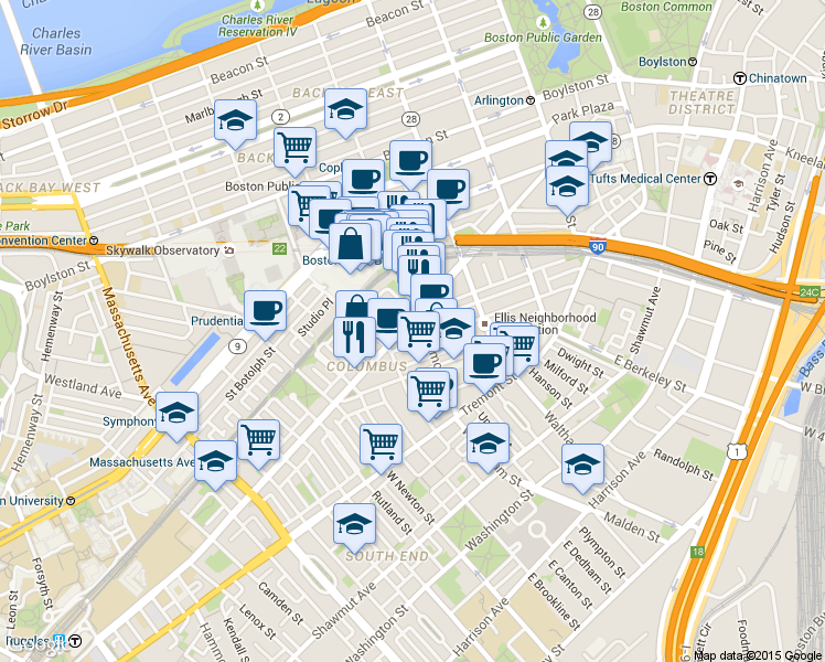 map of restaurants, bars, coffee shops, grocery stores, and more near 376-376A Columbus Avenue in Boston