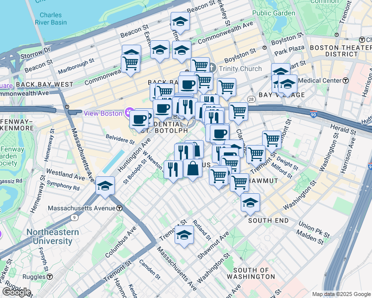 map of restaurants, bars, coffee shops, grocery stores, and more near in Boston