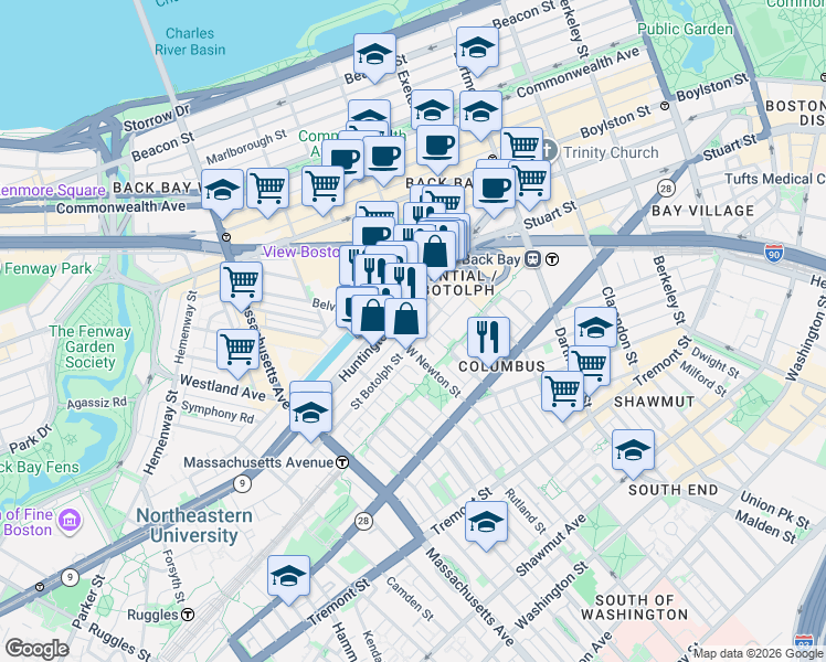 map of restaurants, bars, coffee shops, grocery stores, and more near 94 Saint Botolph Street in Boston