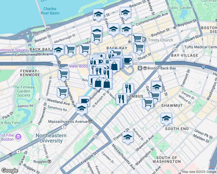 map of restaurants, bars, coffee shops, grocery stores, and more near 94 Saint Botolph Street in Boston