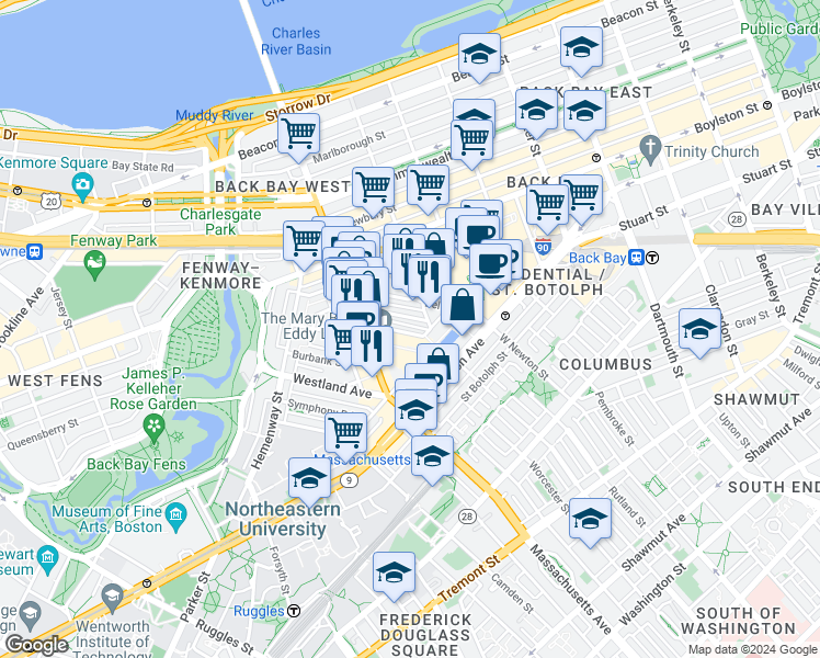 map of restaurants, bars, coffee shops, grocery stores, and more near 41 Clearway Street in Boston