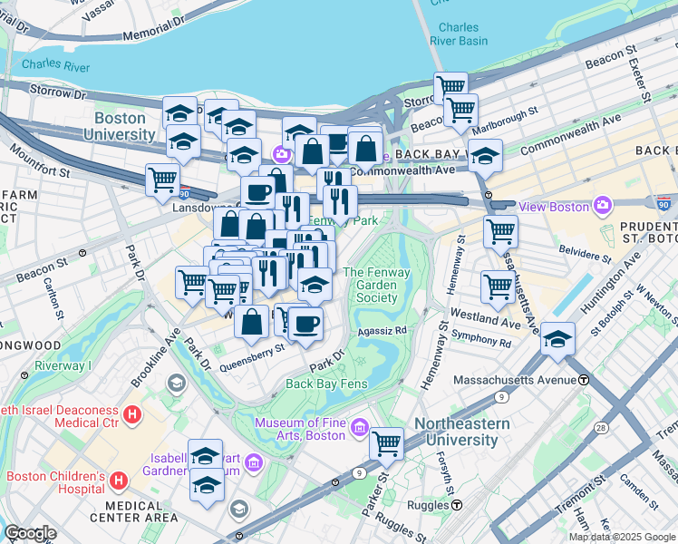 map of restaurants, bars, coffee shops, grocery stores, and more near in Boston