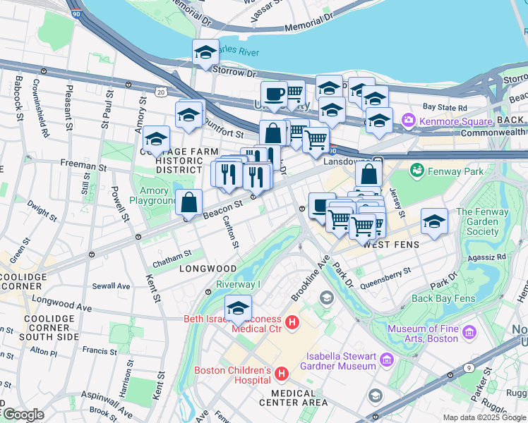 map of restaurants, bars, coffee shops, grocery stores, and more near 34 Medfield Street in Boston