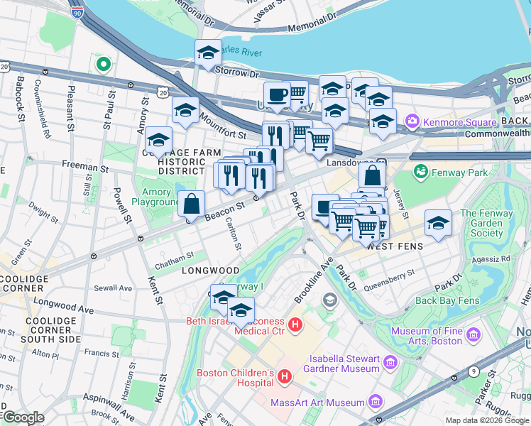 map of restaurants, bars, coffee shops, grocery stores, and more near 34 Medfield Street in Boston