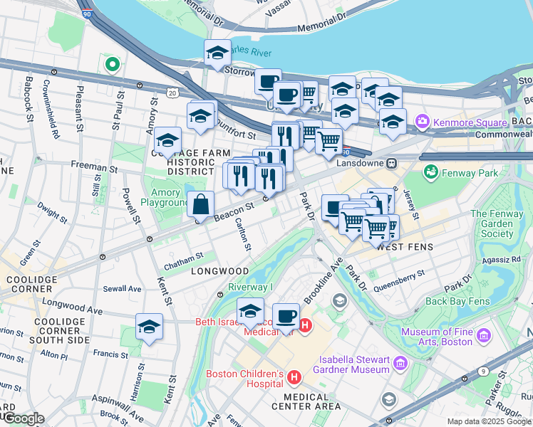 map of restaurants, bars, coffee shops, grocery stores, and more near 68a Monmouth Street in Brookline
