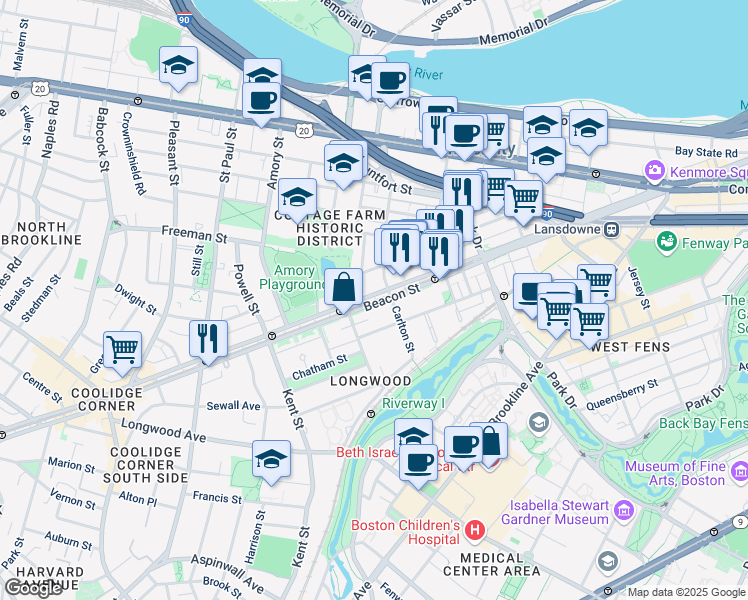 map of restaurants, bars, coffee shops, grocery stores, and more near 1083 Beacon Street in Brookline