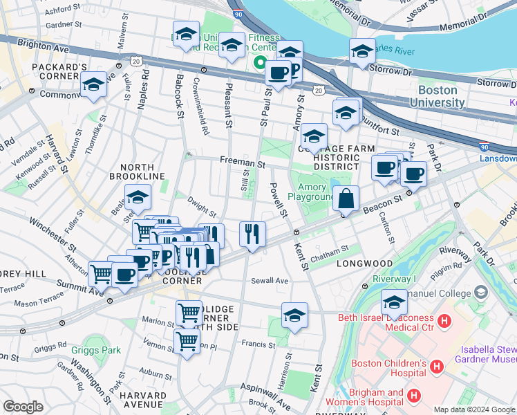 map of restaurants, bars, coffee shops, grocery stores, and more near 217 Saint Paul Street in Brookline