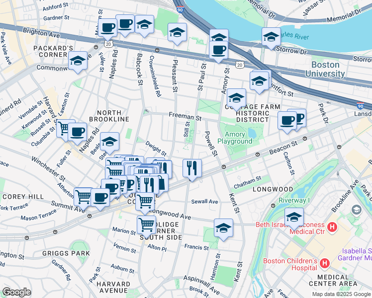 map of restaurants, bars, coffee shops, grocery stores, and more near 63 Parkman Street in Brookline