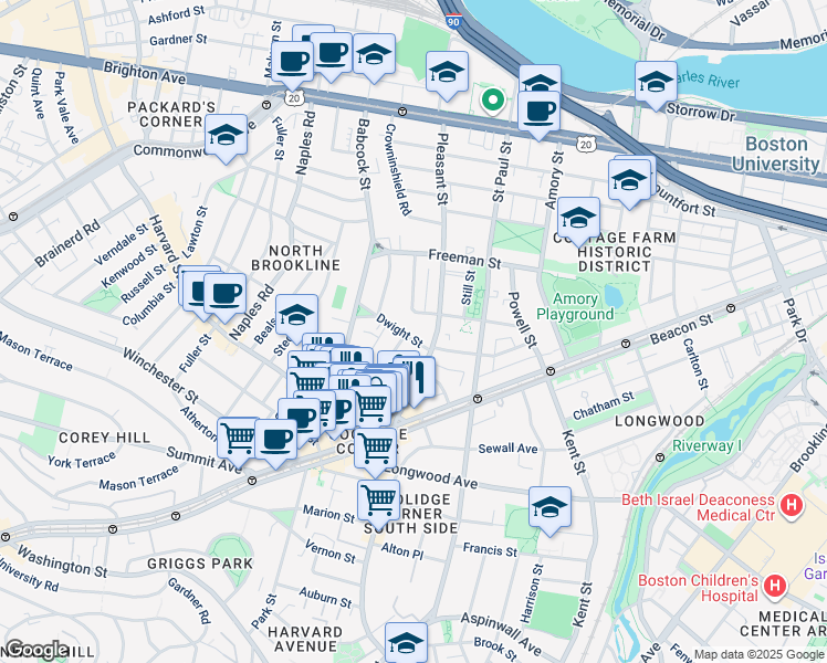 map of restaurants, bars, coffee shops, grocery stores, and more near 15 Dwight Street in Brookline