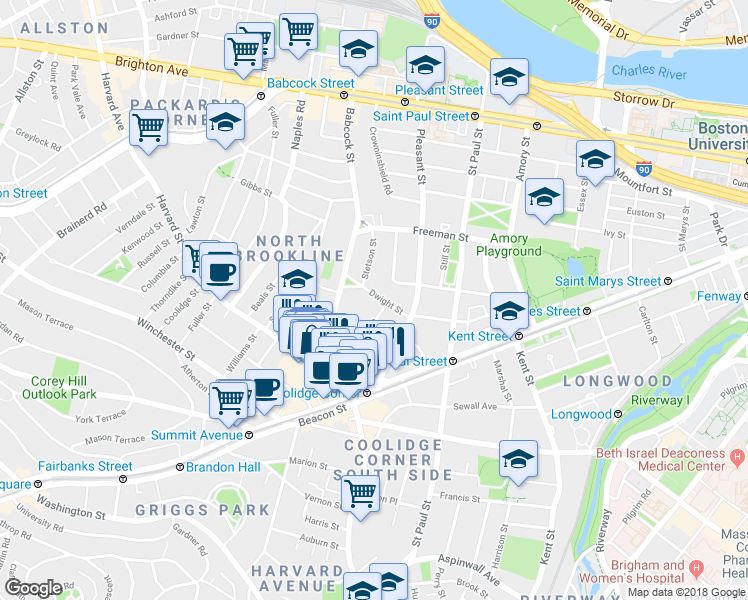 map of restaurants, bars, coffee shops, grocery stores, and more near 62 Green Street in Brookline