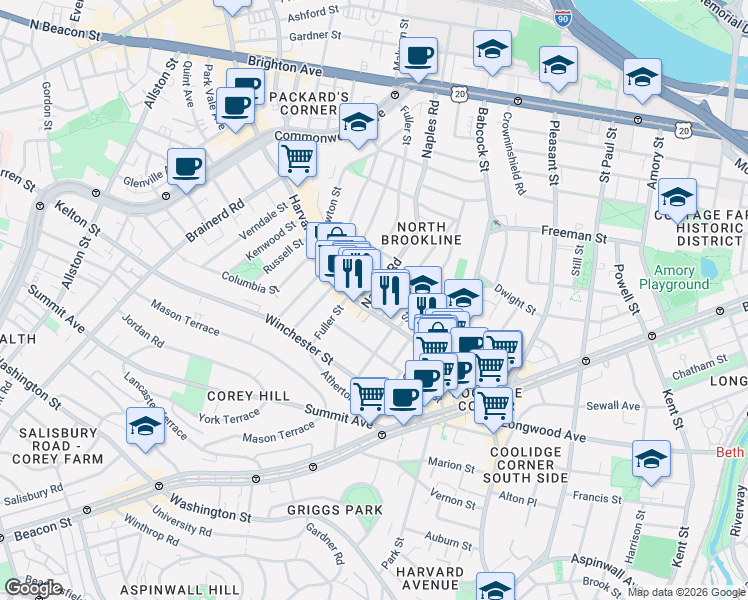 map of restaurants, bars, coffee shops, grocery stores, and more near 13 Beals Street in Brookline