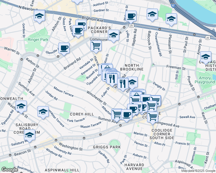 map of restaurants, bars, coffee shops, grocery stores, and more near 404 Harvard Street in Brookline
