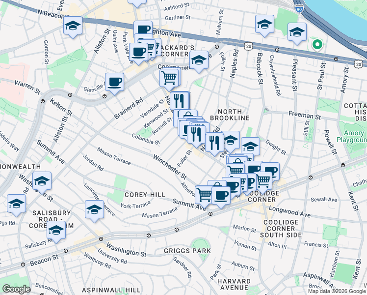 map of restaurants, bars, coffee shops, grocery stores, and more near 31 Coolidge Street in Brookline