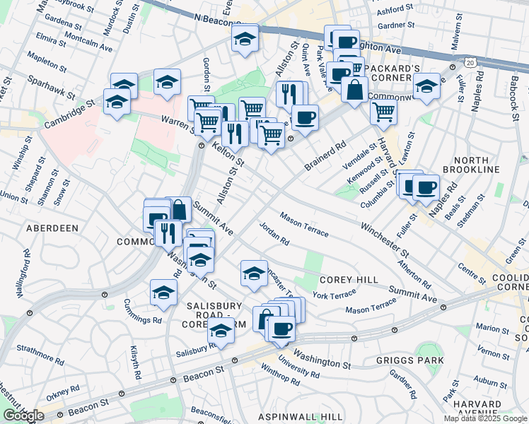 map of restaurants, bars, coffee shops, grocery stores, and more near 322 Mason Terrace in Brookline