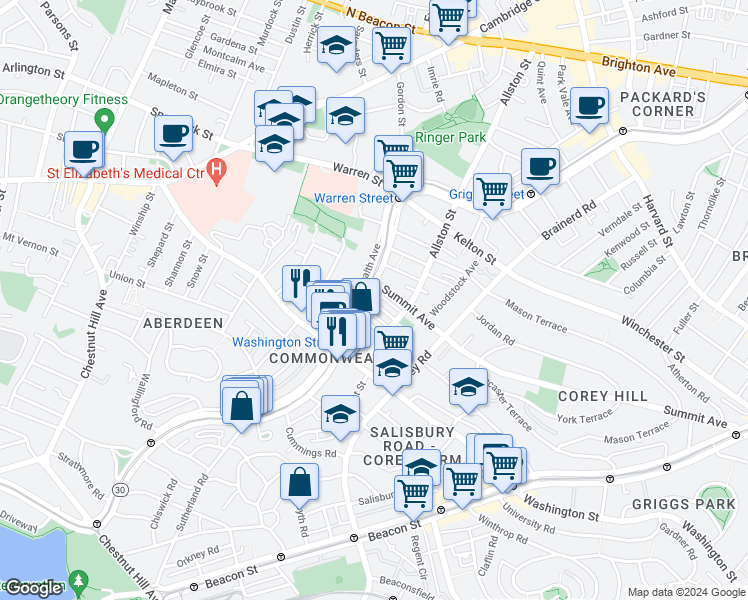 map of restaurants, bars, coffee shops, grocery stores, and more near 1542 Commonwealth Avenue in Boston