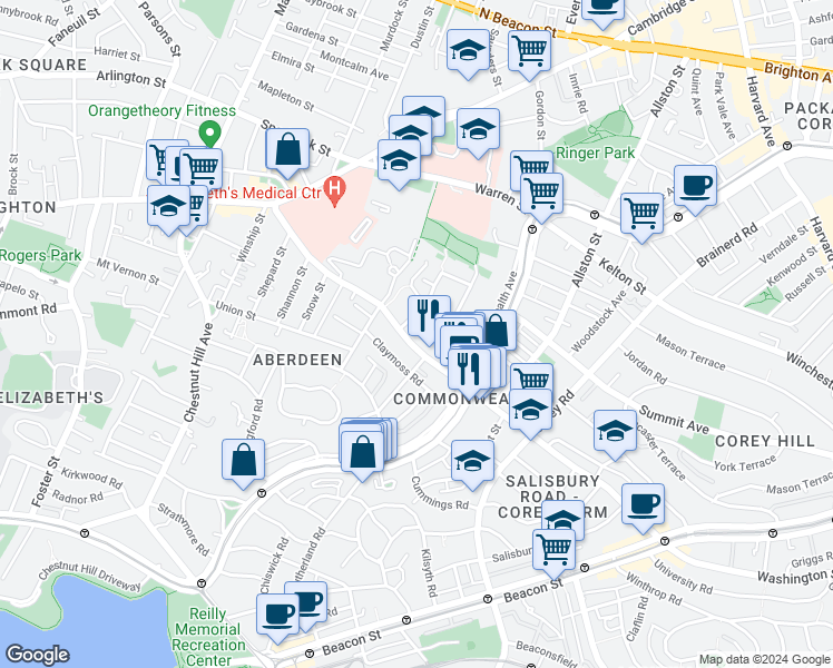 map of restaurants, bars, coffee shops, grocery stores, and more near 127 Washington Street in Boston