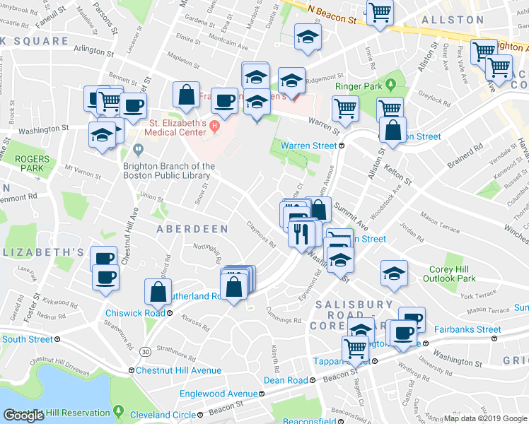 map of restaurants, bars, coffee shops, grocery stores, and more near 127 Washington Street in Boston