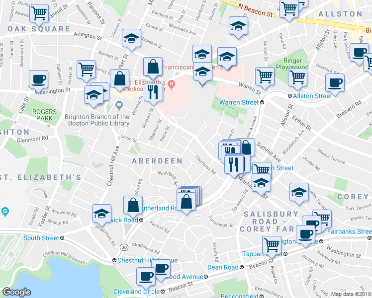 map of restaurants, bars, coffee shops, grocery stores, and more near 28 Monastery Road in Boston