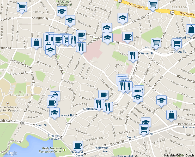 map of restaurants, bars, coffee shops, grocery stores, and more near 78 Claymoss Road in Boston