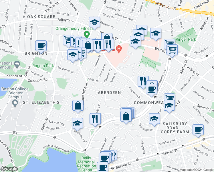 map of restaurants, bars, coffee shops, grocery stores, and more near in Boston