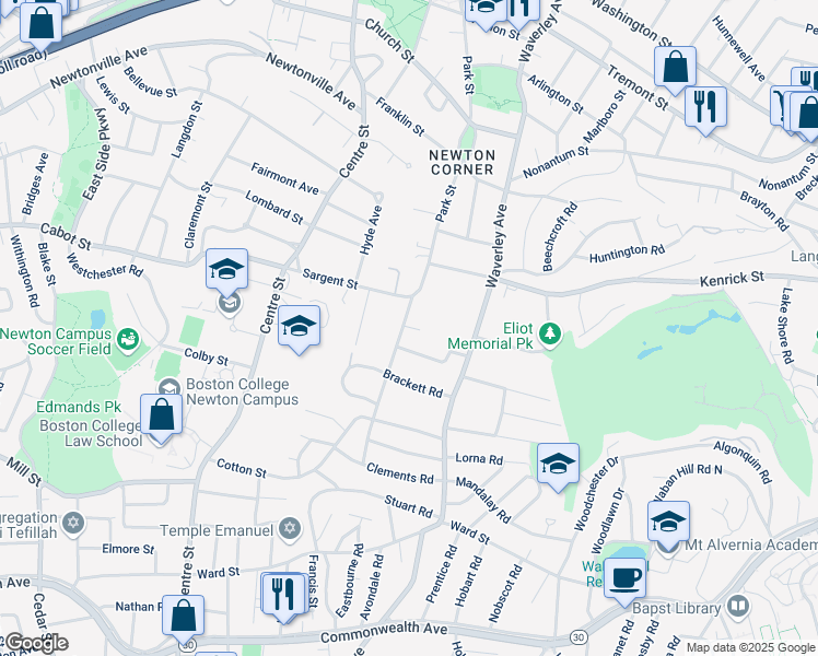 map of restaurants, bars, coffee shops, grocery stores, and more near 16 Treeland Circle in Newton