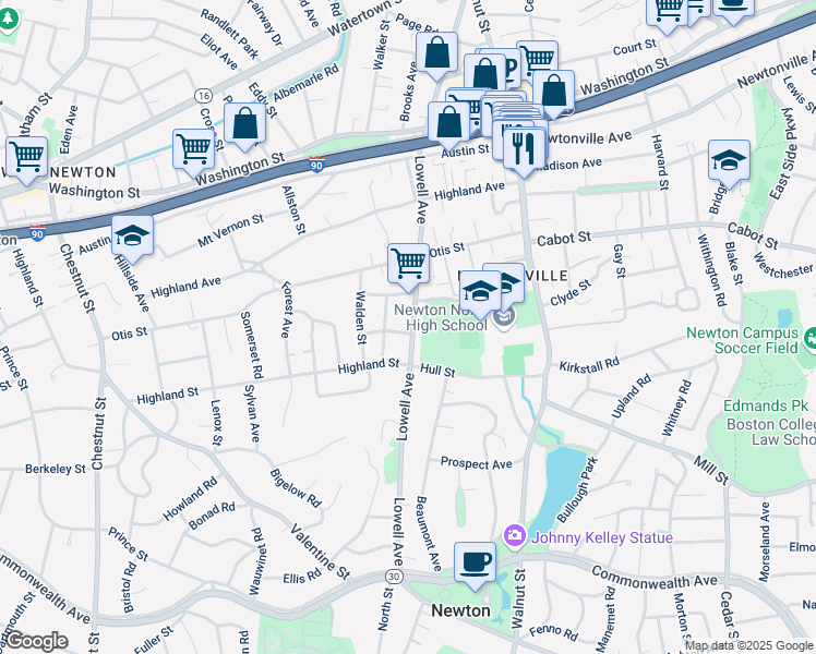 map of restaurants, bars, coffee shops, grocery stores, and more near 350 Lowell Avenue in Newton