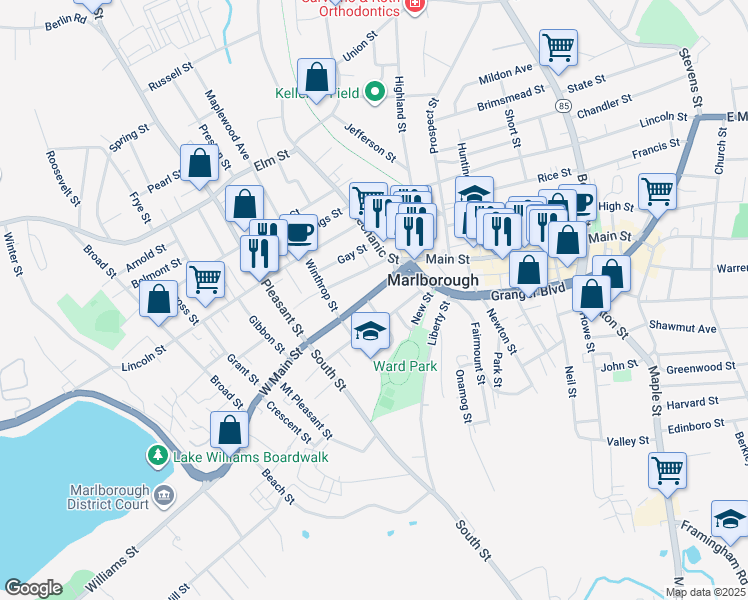 map of restaurants, bars, coffee shops, grocery stores, and more near 14 Hayden Street in Marlborough