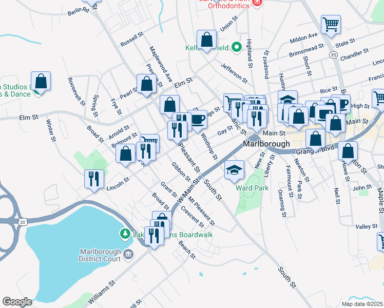 map of restaurants, bars, coffee shops, grocery stores, and more near 40 Pleasant Street in Marlborough