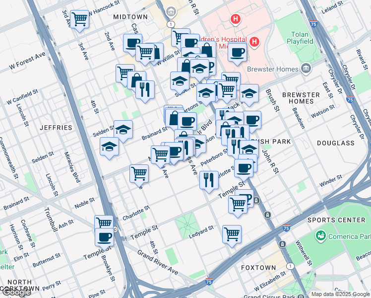 map of restaurants, bars, coffee shops, grocery stores, and more near in Detroit