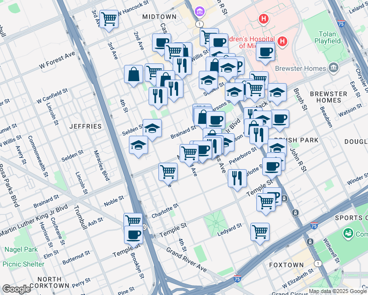 map of restaurants, bars, coffee shops, grocery stores, and more near 561 Martin Luther King Junior Boulevard in Detroit