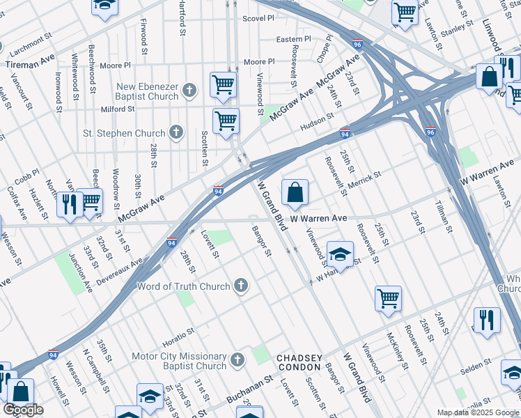 map of restaurants, bars, coffee shops, grocery stores, and more near 4032 West Warren Avenue in Detroit